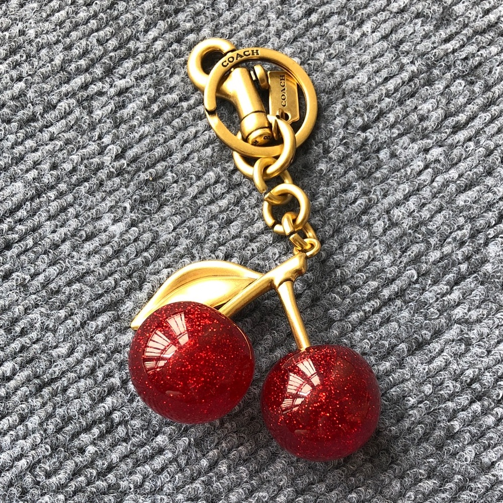 Coach Gold-Tone Keychain with Red Glitter Cherry Charms